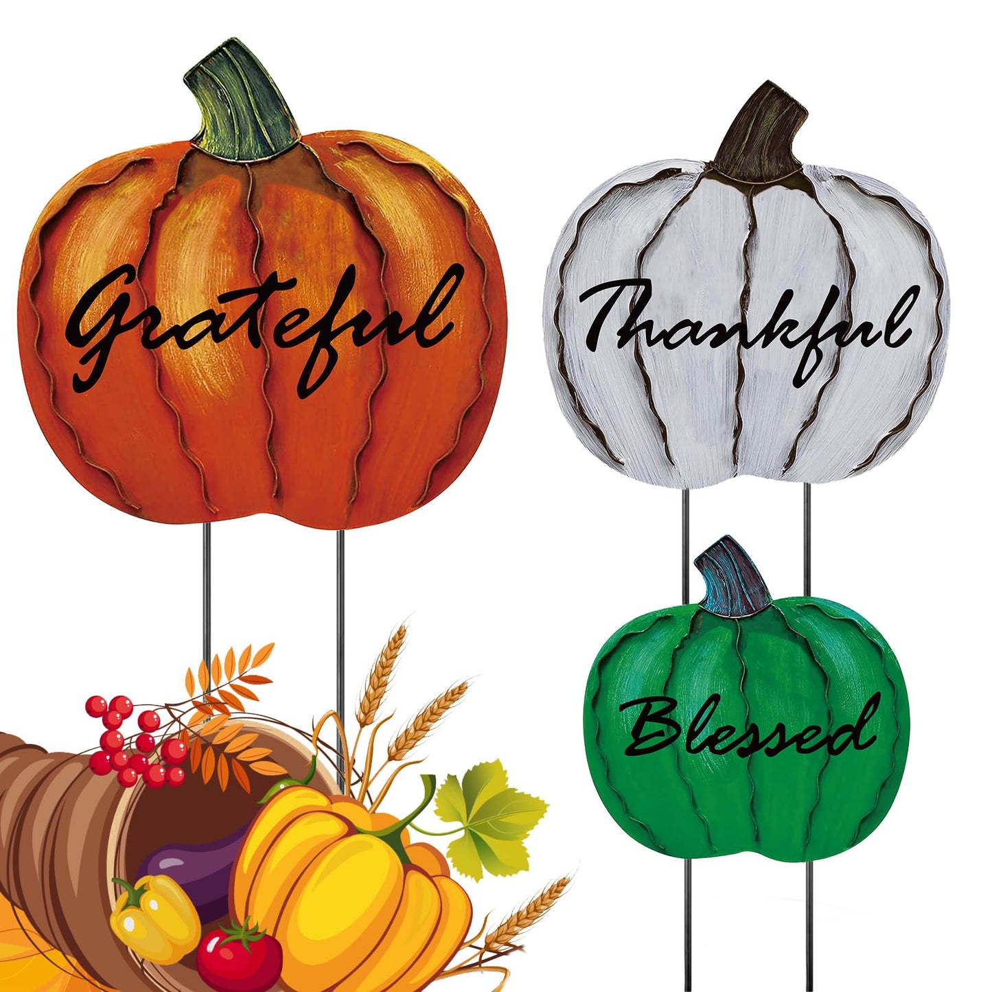 MorningRo 3 Pcs Thanksgiving Fall Yard Signs Outdoor Metal Pumpkin Decorative Garden Stakes, 28''+26''+24'' H Waterproof Pumpkin Yard Decoration for Outside Porch Patio Lawn Autumn Harvest Halloween