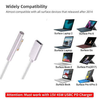 Surface to USB C Charging Cable (Female USB-C, 20 cm), Compatible with Microsoft Surface Pro 7/6/5/4/3 Go3/2/1 Laptop4/3/2/1, Requires 45W 15V/3A USB-C Charger