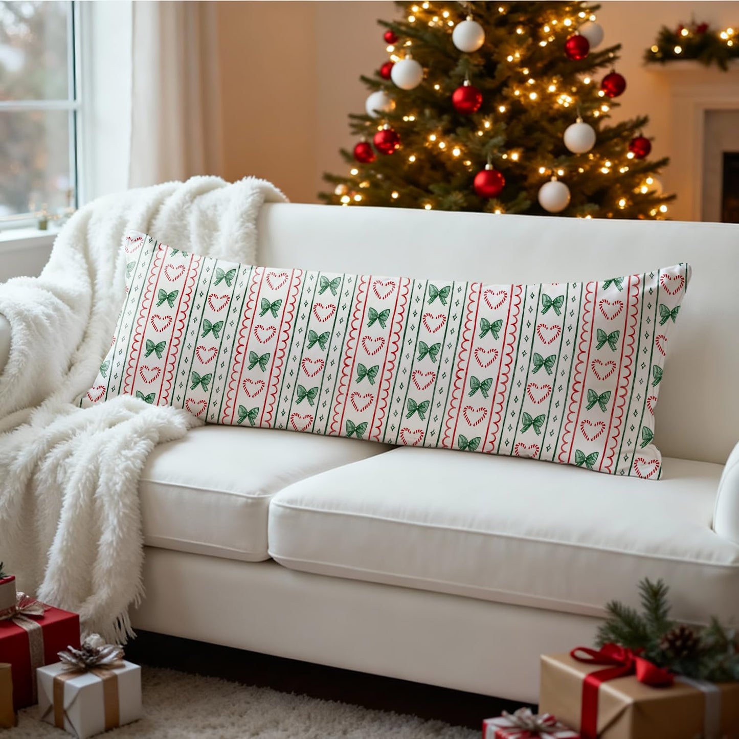 Mancheng-zi Coquette Bow Candy Cane Christmas 20x54 Body Pillow Cover Pillowcase with Zipper, Preppy Girly Christmas Decor, Retro Red and Green Xmas Decorative Long Hug Pillow Cases for Bed Couch