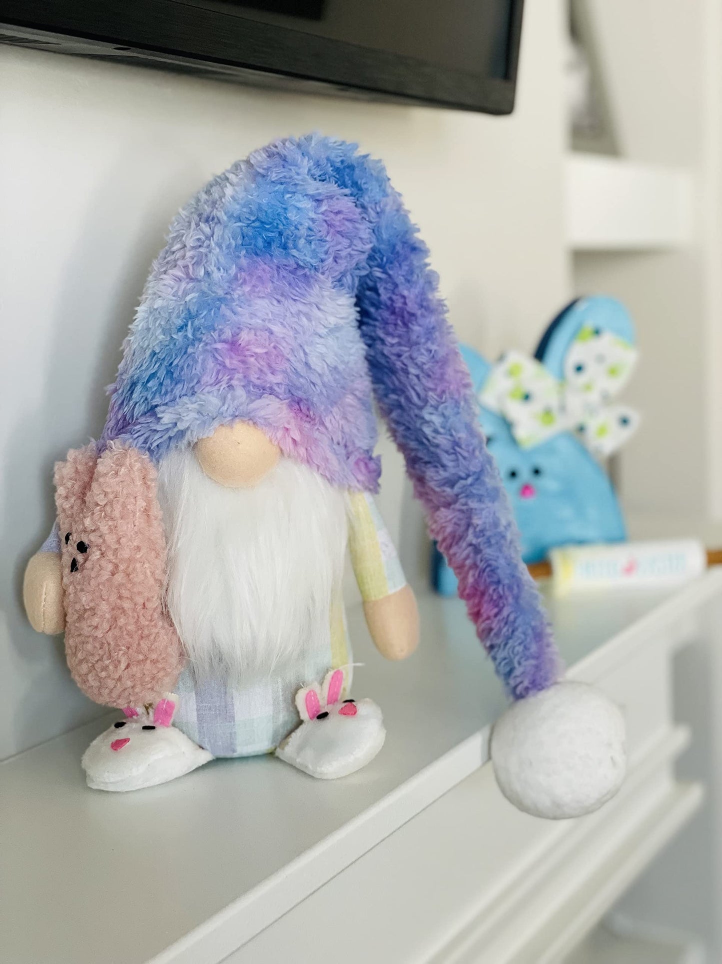 Madanar Easter Pajama Gnome Plush Holding Peep Bunny Swedish Decor for Tiered Tray Shelf Table Decorations (Easter)