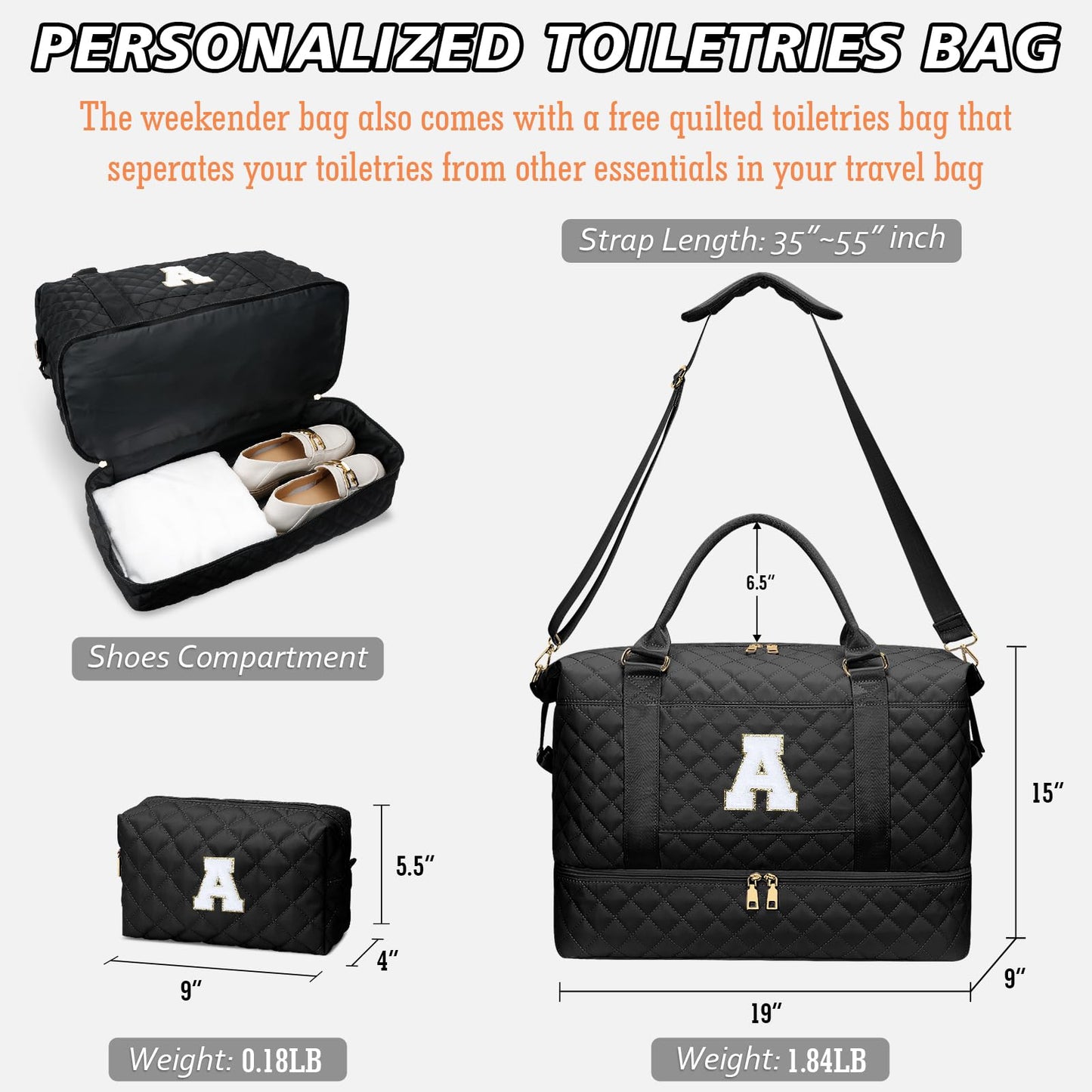 CLOUDWINGS Gifts for Women Girls Initial Travel Duffle Bag Quilted Weekender Carry-On Overnight with Cosmetic Bag, Gym Bag with Shoe Compartment, Black A