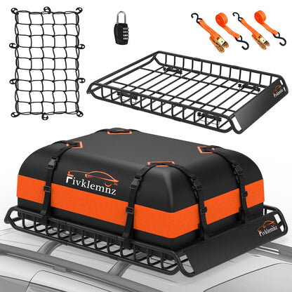 Roof Rack Cargo Carrier, Universal Roof Basket (51"x 36"x 5") + 15 Cubic Feet Waterproof Rooftop Cargo Carrier Bag (46"x 34"x 17") with Bungee Net, Ratchet Straps, Storage Bag, Luggage Lock