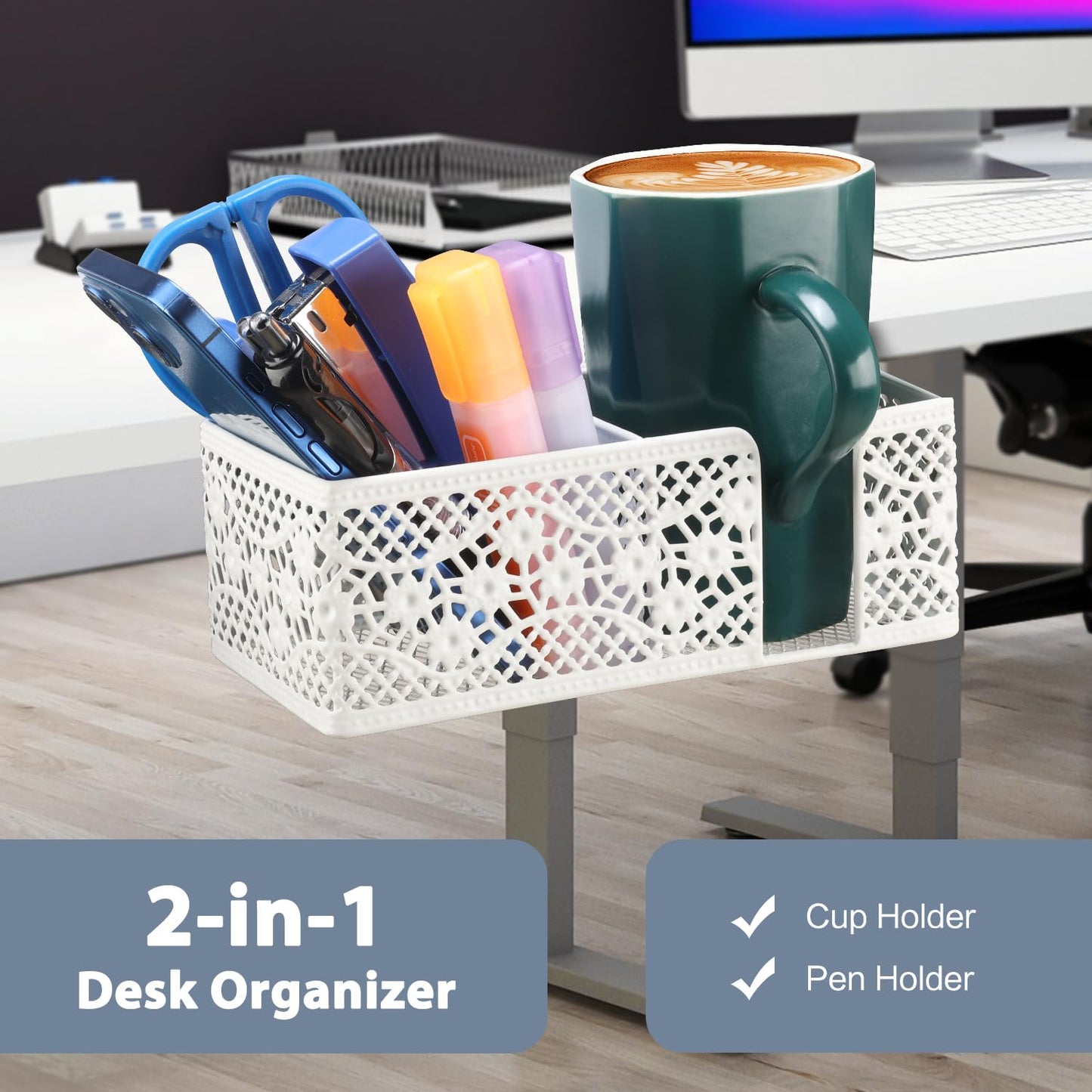 Aurynns Desk Organizer Clip on Desk Cup Holder Pencil Holder for Desk Storage Beverages Phone Holder Desk Organizer and Accessories Office School Home