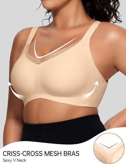 OEAK Womens Wireless Bras V Mesh Comfortable Bralette Supportive Tshirt Bra No Underwire Seamless Push Up Everyday Bras