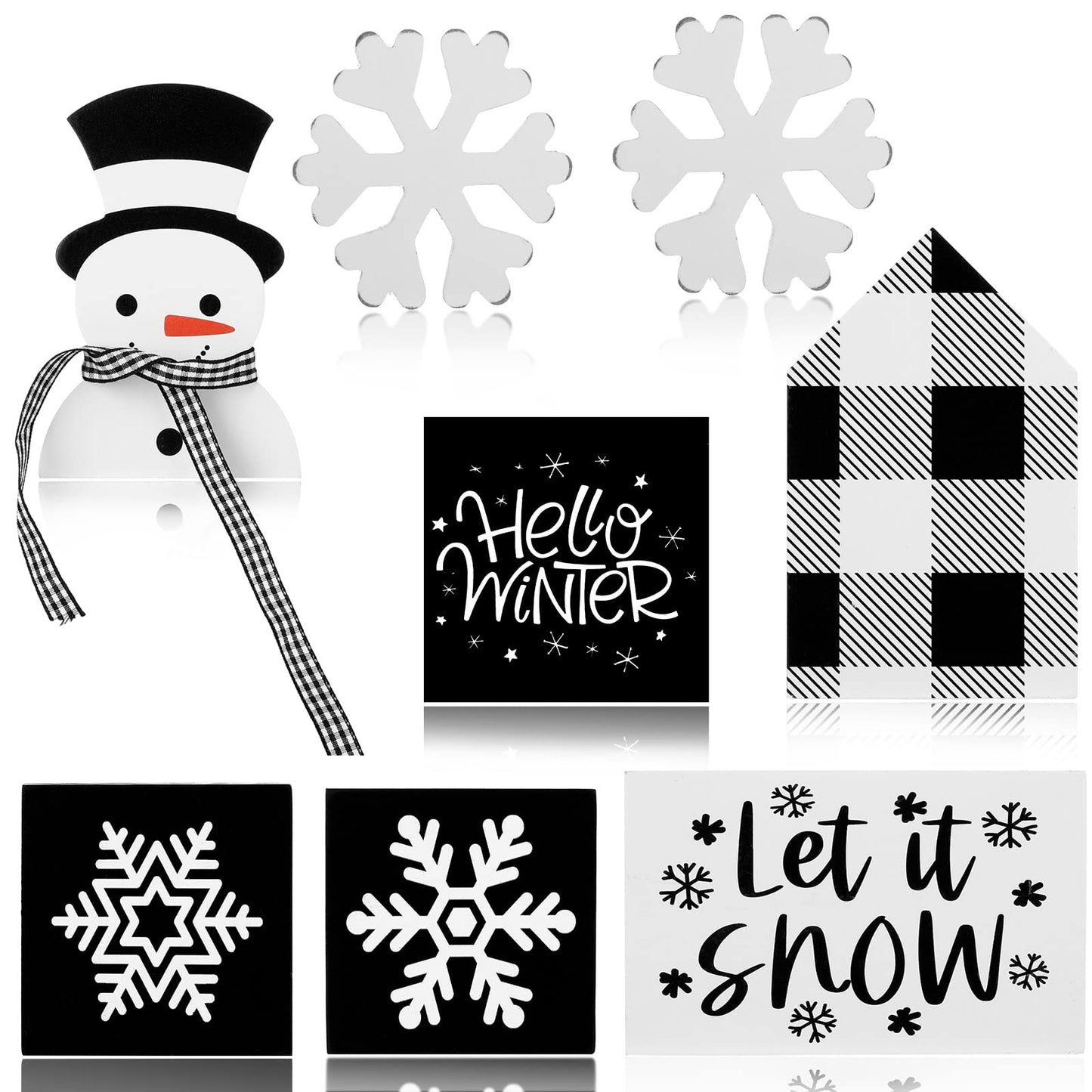Sawysine 8 Pieces Winter Tiered Tray Decor, Let It Snow Sign Decor Farmhouse Snowflake Wooden Signs for Holiday Shelf Kitchen Coffee Bar(Black, White)