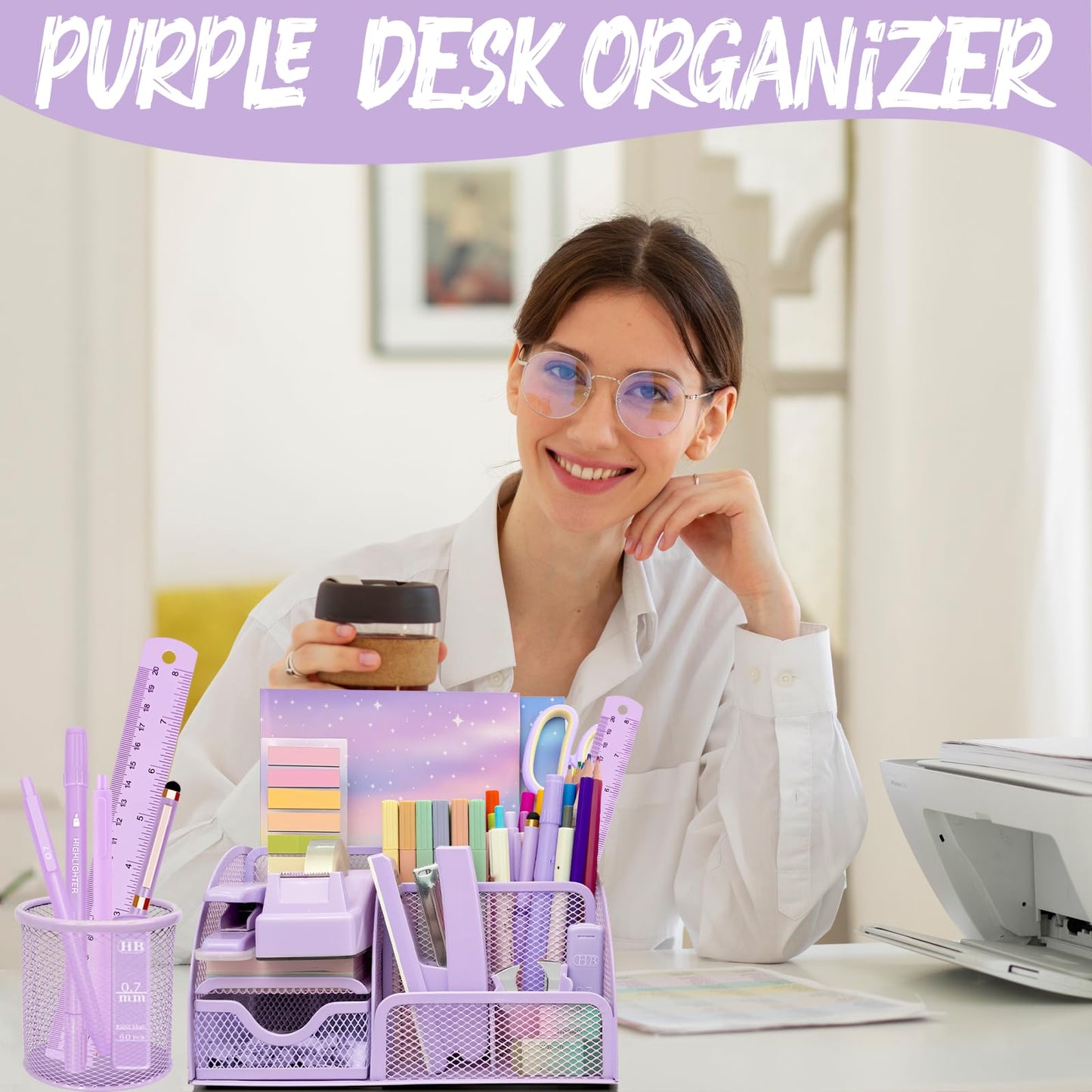 Purple Desk Accessories, 17Pcs Purple Office Supplies Set with Stapler, Mesh Desk Organizer, Tape Dispenser, Staple Remover, Pen Holder, Clips, Pens, Ruler, for Office Home School Women Students Gift