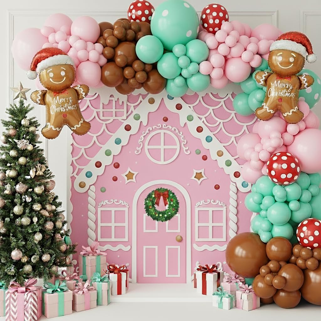 Christmas Balloon Garland Arch Kit 126Pcs Large Gingerbread Man Cane Foil Red Green Lollipop Candy & Mint Pink Cocoa Balloons for Xmas New Year Party Decorations