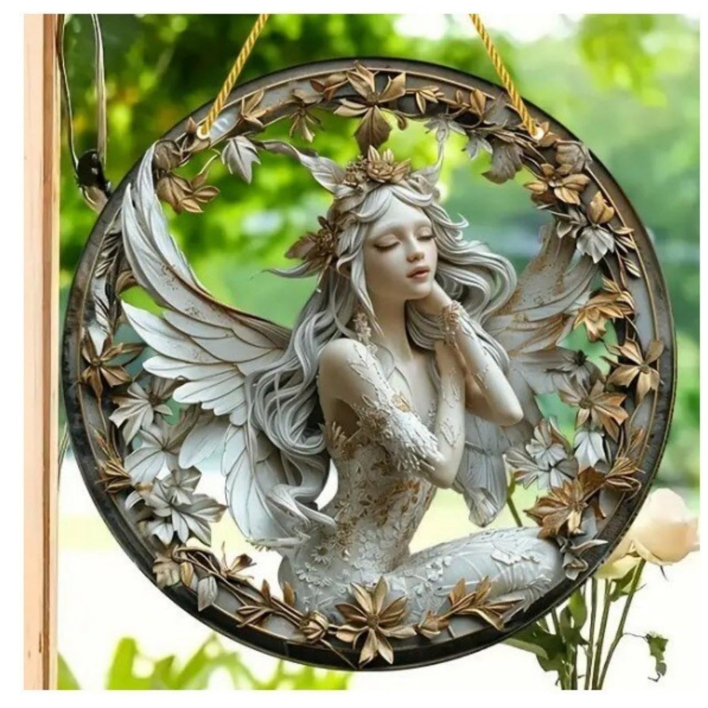 VTYFRY Flower Fairy Garden Decorations Angel Wing Christmas Halloween Deco Statue Art Elf Sculpture Hanging Craft for Outdoor Yard Courtyard Lawn Patio Window Acrylic Ornament Home Gift (C,S: 6*6 IN)