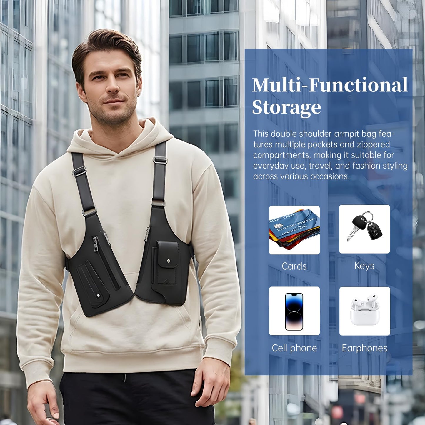 Pawbena Double Shoulder Armpit Bag for Men, Anti-Theft Underarm Shoulder Holster Bag with Adjustable Strap, Hidden Phone Wallet Pocket for Travel & Daily Commute (Black)