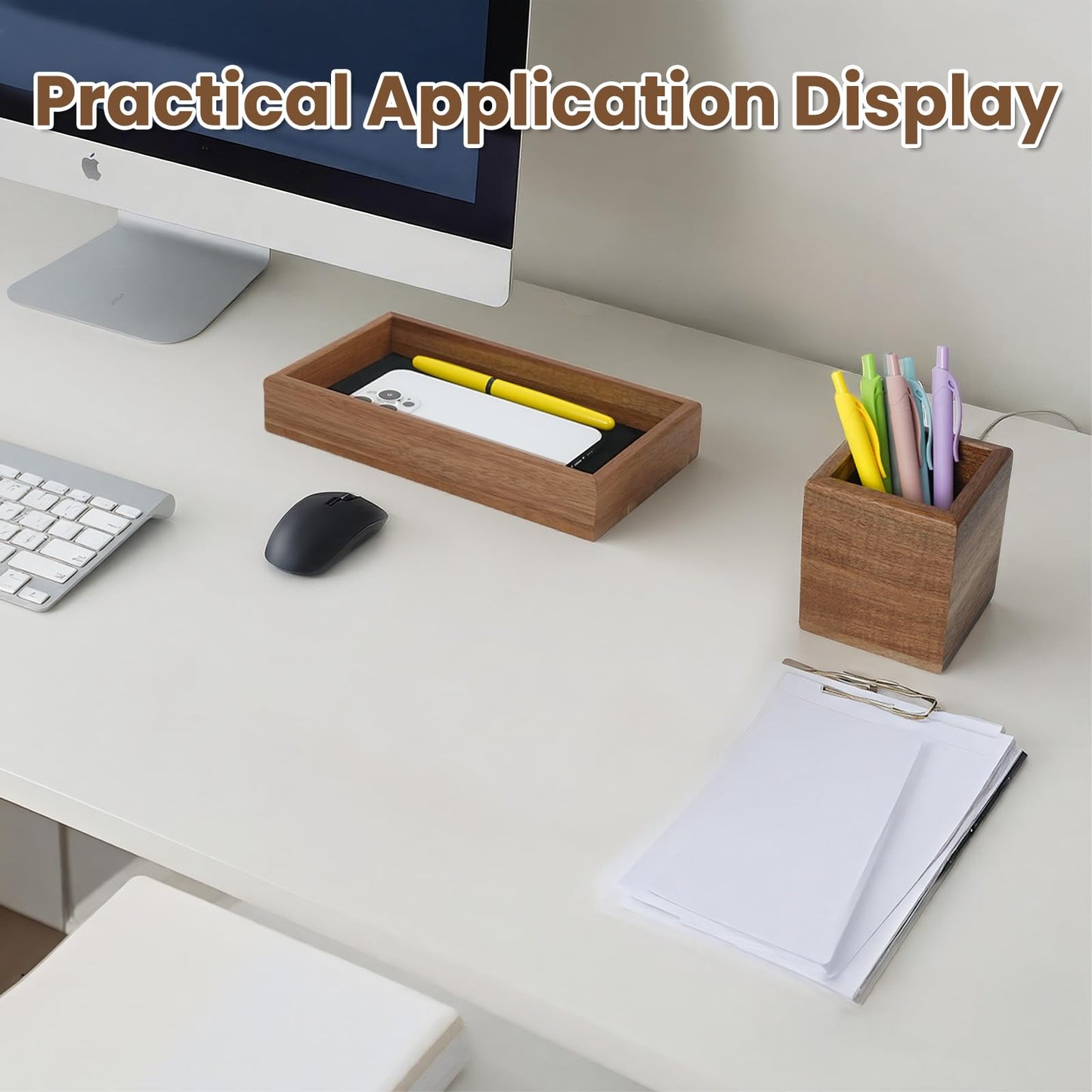 XHWUDI Wooden Pencil Holder with Desk Drawer Organizer Tray, Silicone Anti-Slip Pen Holder Set Aesthetic Desk Accessories for Office Home Supplies