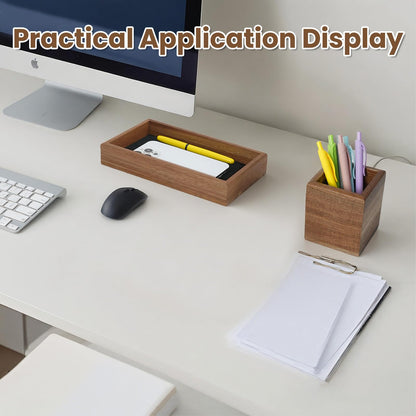 XHWUDI Wooden Pencil Holder with Desk Drawer Organizer Tray, Silicone Anti-Slip Pen Holder Set Aesthetic Desk Accessories for Office Home Supplies