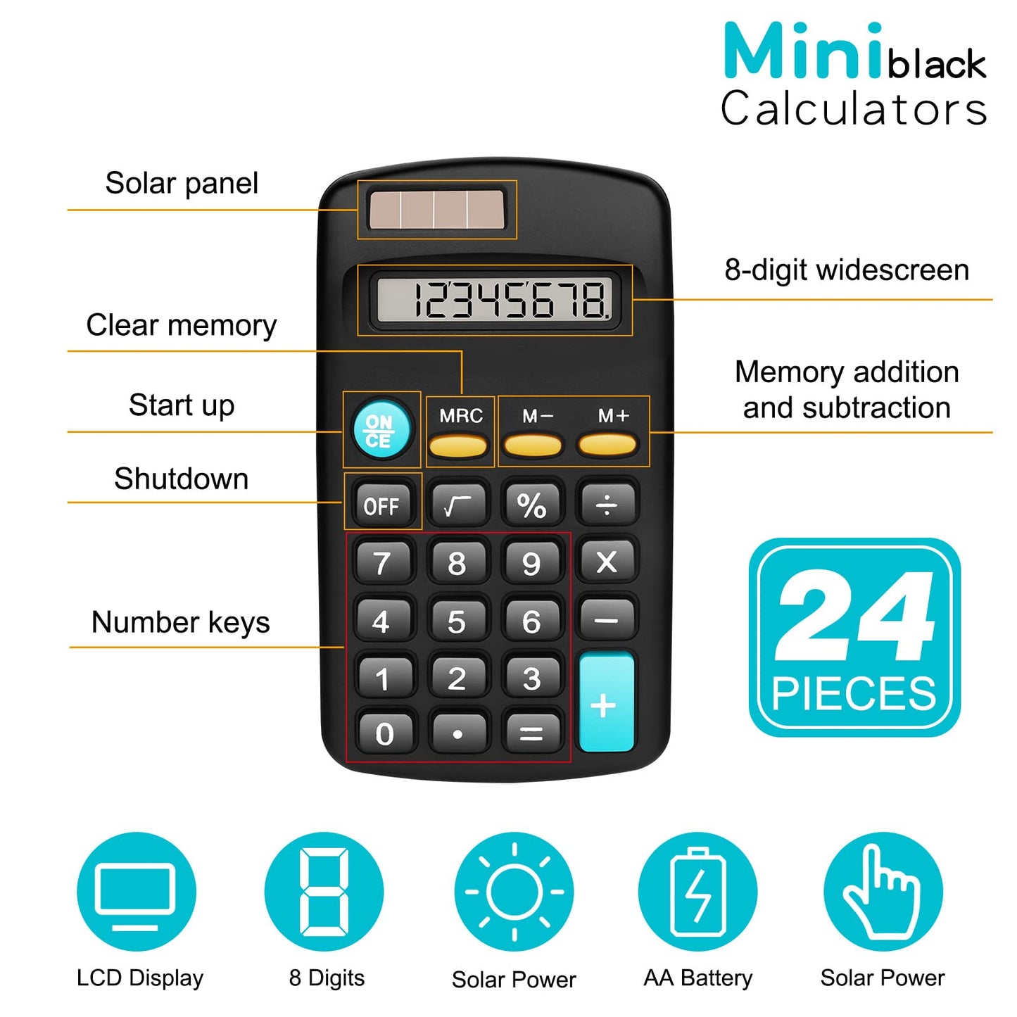 Riccioney 24 Pack Basic Mini Calculators - 8 Digit Display, Solar Battery & AC Power, Handheld for Office, School & Home