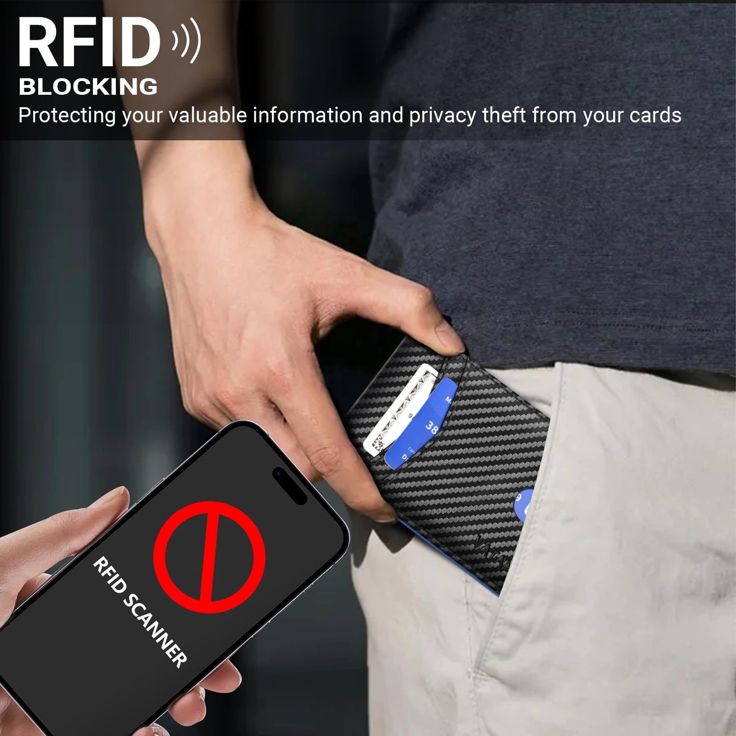 VATAN Wallet for Men Slim RFID Blocking Leather Credit Card Holder Wallet for 15 Cards, Bifold Minimalist Thin Wallet with 2 ID Windows & Cash Slot, With Gift Box (Carbon Black and Blue)