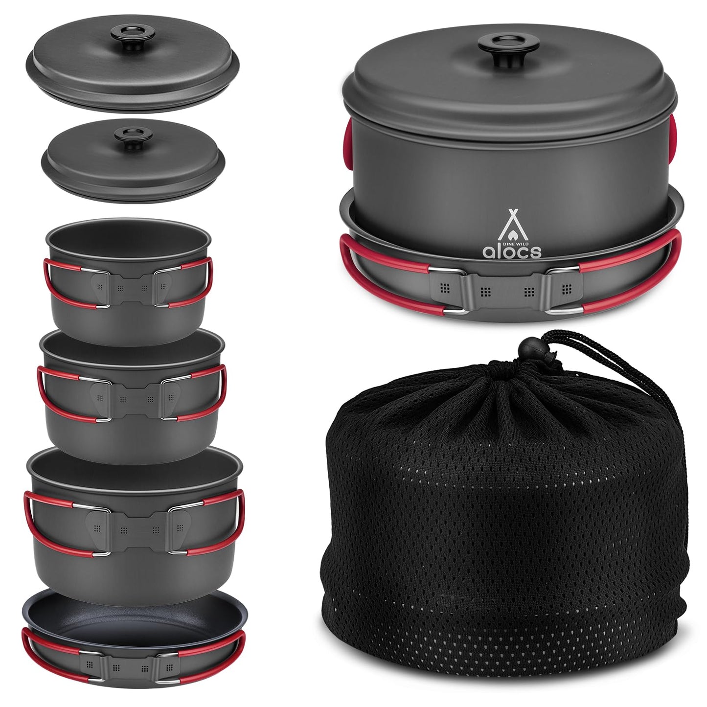 Alocs Camping Cookware, Aluminum Camping Cooking Set Camp Kitchen, Portable Camping Pots and Pans Set Essentials Mess Kit for Backpacking, Outdoor Cooking and Picnic