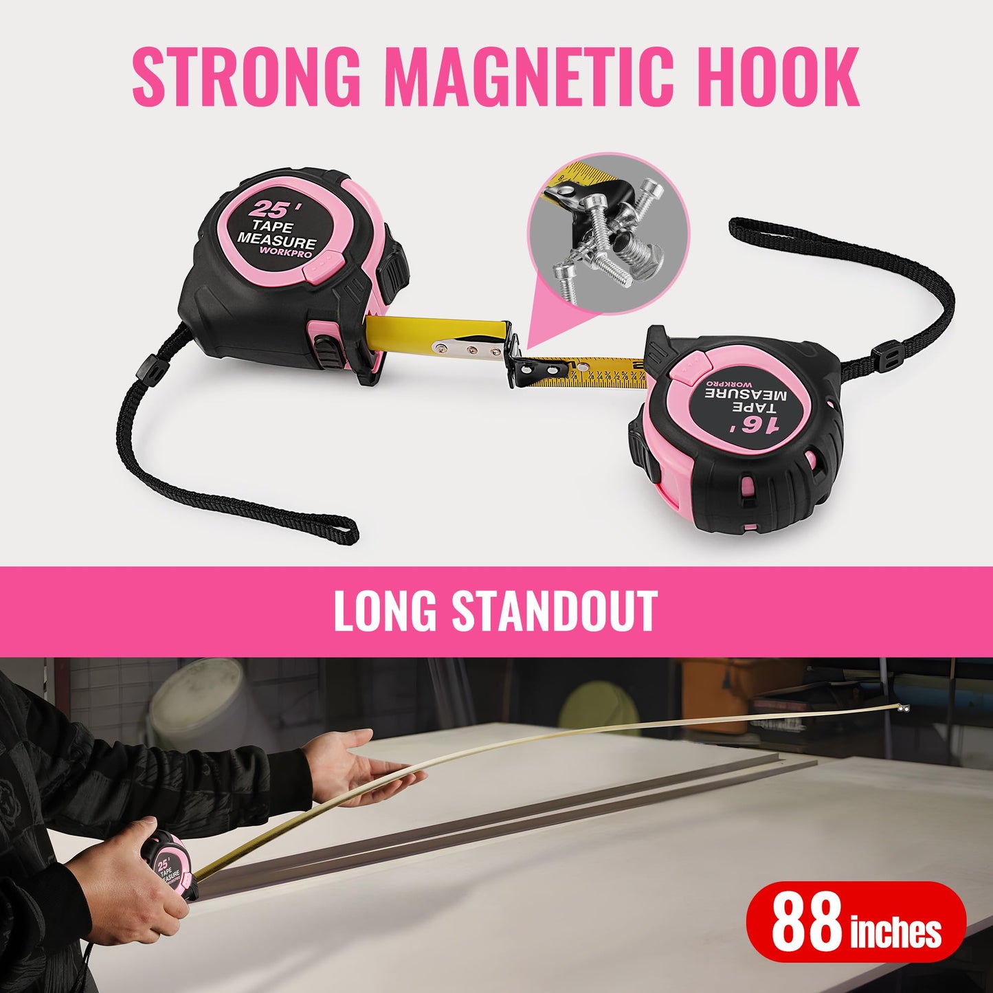 WORKPRO 25-FT Tape Measure with Fractions, 3 Brakes Retractable Measuring Tape, Compact Measurement Tape with Magnetic Hook, Nylon Coating Blade Accuracy 1/32”, Pink