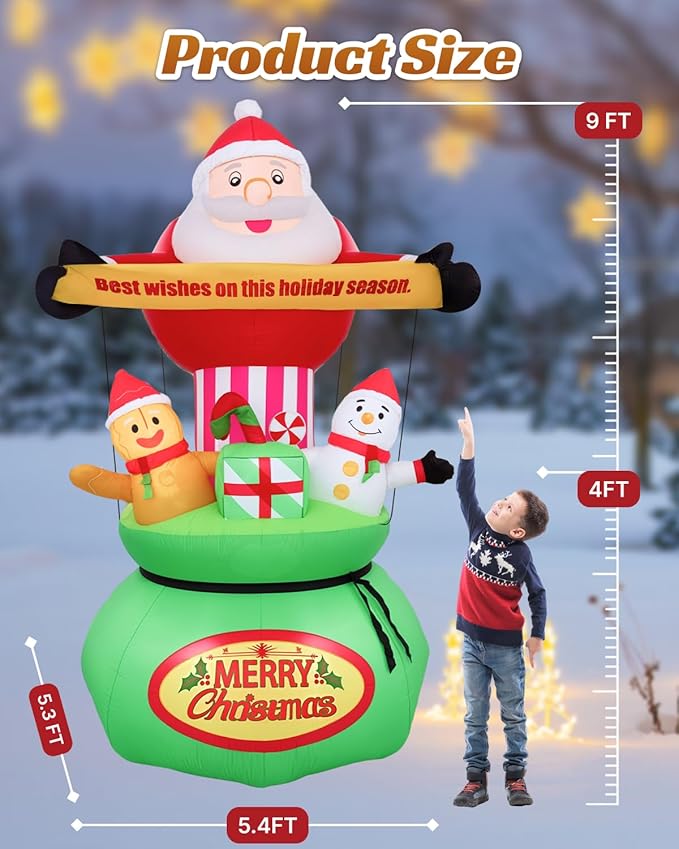 9FT Christmas Inflatables Outdoor Decorations,Blow Up Yard Decorations Santa Claus Snowman Gingerbread Man and Gift Bag,Built-in LED Lights for Garden Lawn Xmas Decor