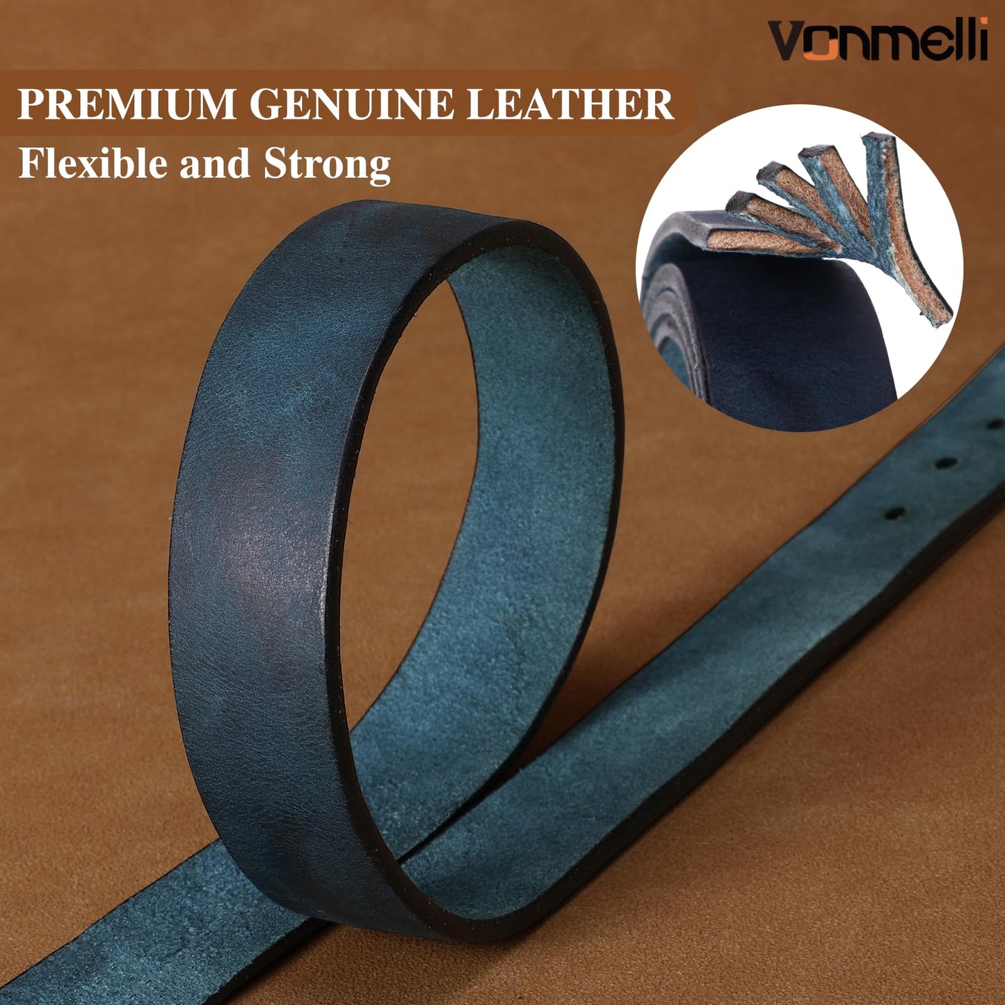 VONMELLI Womens Genuine Leather Belts for Jeans Pants Ladies Navy Full Grain Belt With Vintage Gold Buckle, XL