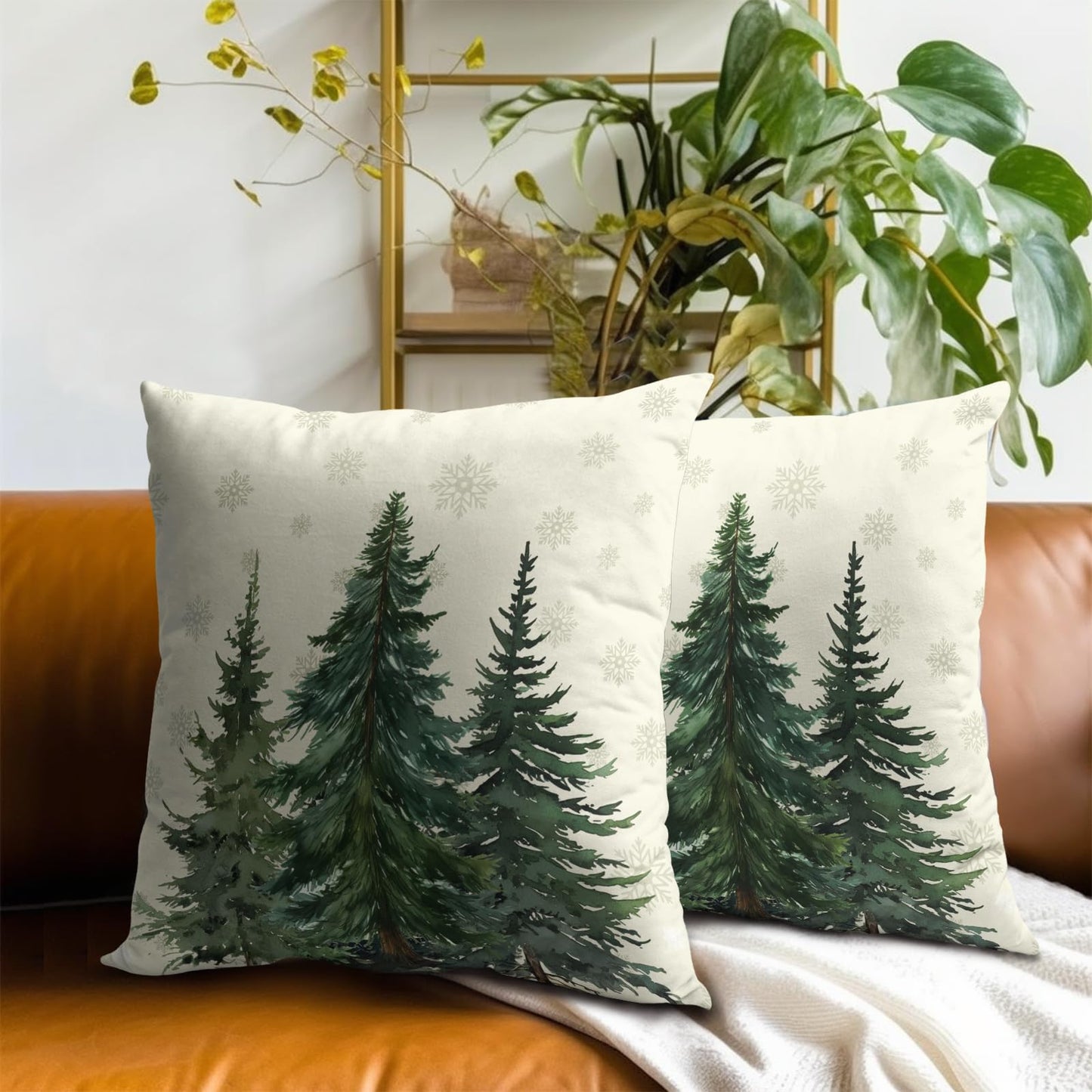 Green Christmas Tree Pillow Covers 16x16 In, Winter Nature Birch Forest Snowflake Throw Pillows Cover Farmhouse Decorative Pillow Case for Couch Bed Sofa Outdoor Patio Decor
