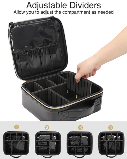 Relavel Makeup Bag, Travel Cosmetic Train Case Organizer Portable Artist Storage Bag with Adjustable Dividers for Cosmetics Makeup Brushes Toiletry Jewelry Digital Accessories Quilted Leather Black