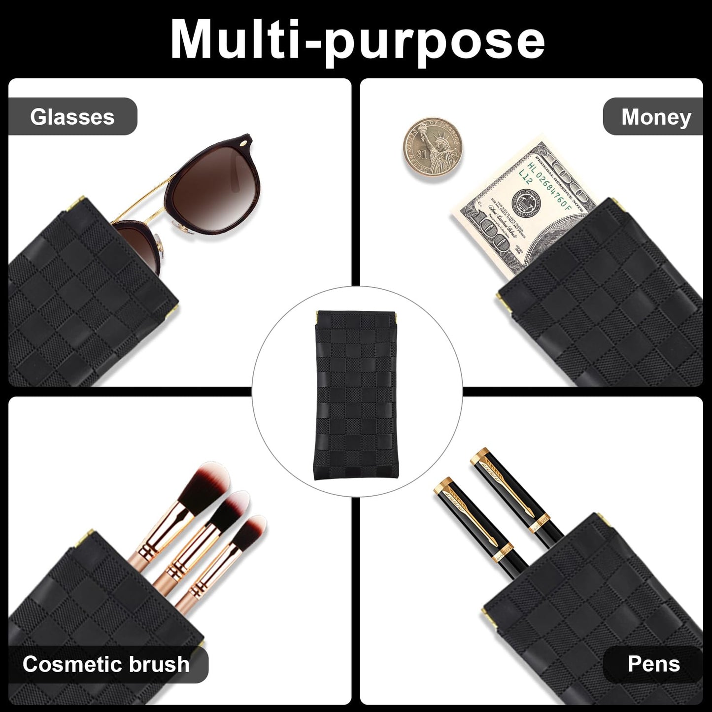 3Pcs Small Makeup Bag for Purse, Waterproof Portable Checkered Leather Makeup Pouch, Small Purse Pouches for Purse Small Coin Purse Organizer Pouches Snap Closure Pocket Cosmetic Bag for Women (Black)