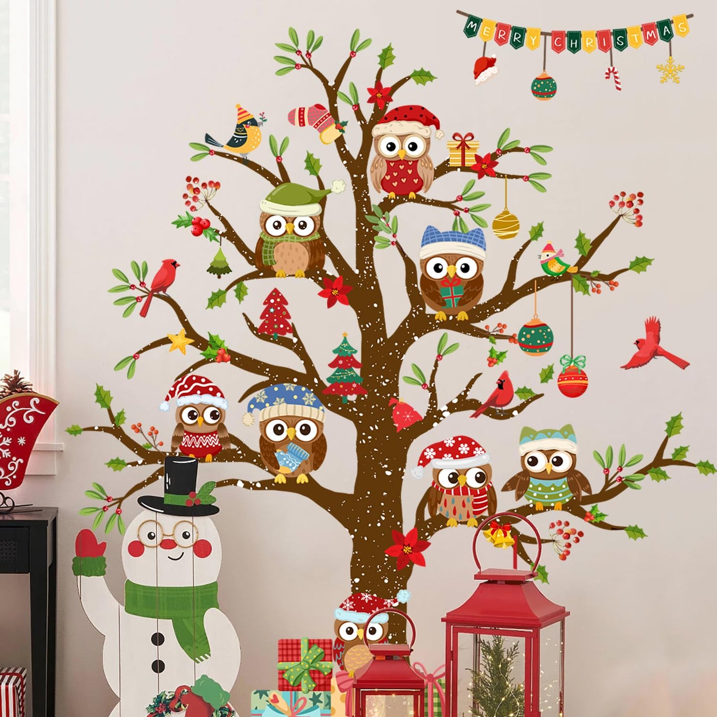 Christmas Tree Wall Stickers Vinyl Cute Owl Wall Decals Peel and Stick Decal for Home Office Walls Windows Doors Christmas Decor (35.43inch x 11.81inch, 3 Sheets)