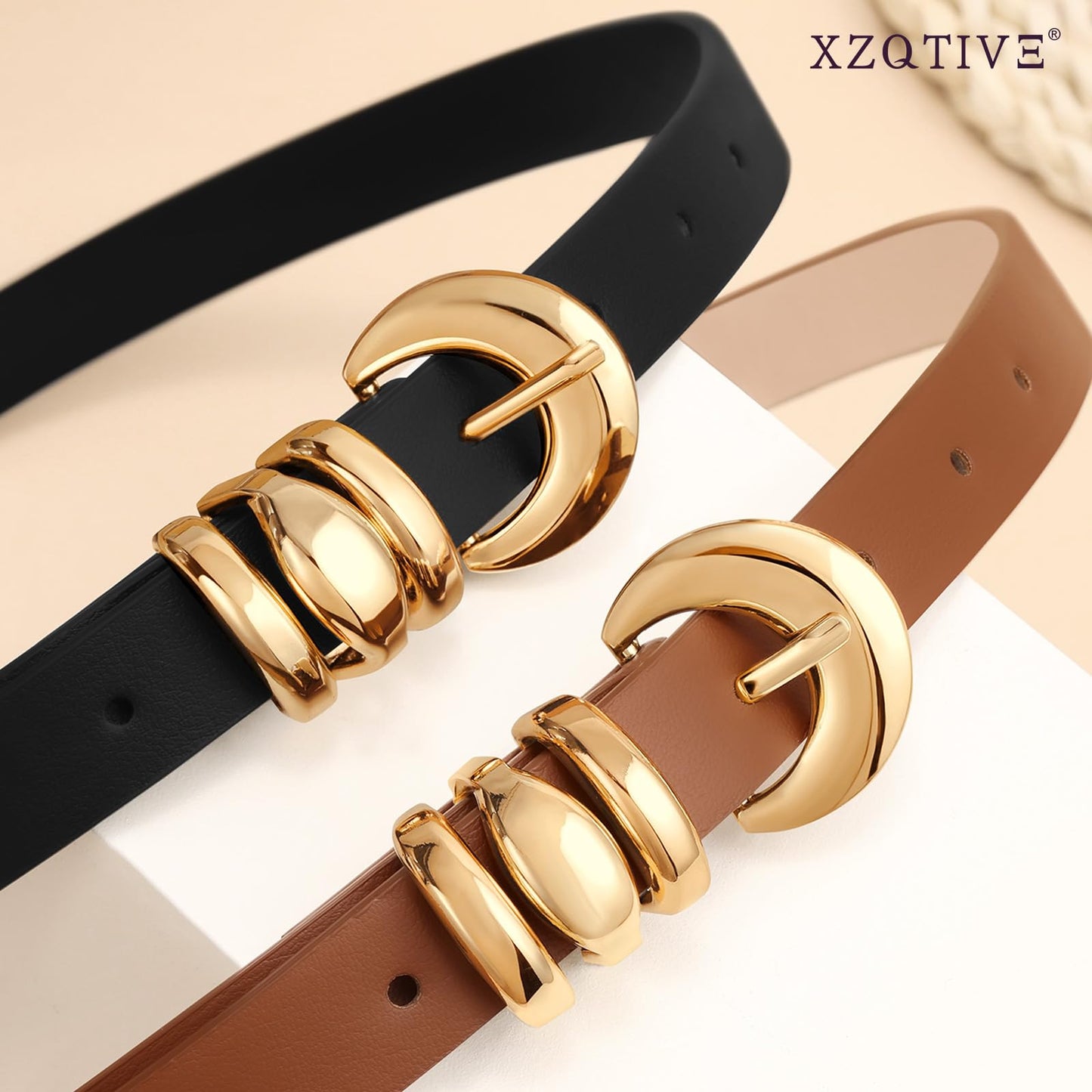 XZQTIVE 2 Pack 0.71'' Womens Skinny Leather Belts for Ladies Thin Waist Belt for Jeans Dress Pants with Fashion Gold Buckle, Black/Brown, Fits Pant Sizes 33-37 inch
