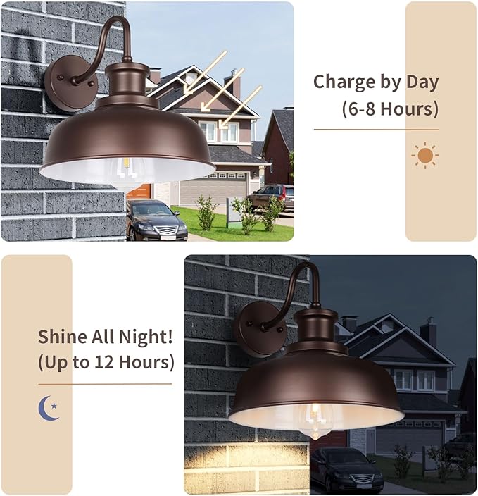 Solar Barn Light for Outside, Gooseneck Outdoor Wall Lights Solar Powered, Farmhouse Exterior Wall Sconce, Industrial Outside Lighting Fixture, Rustic Lantern for Garage, Barn, Shed, RZSR007 OW