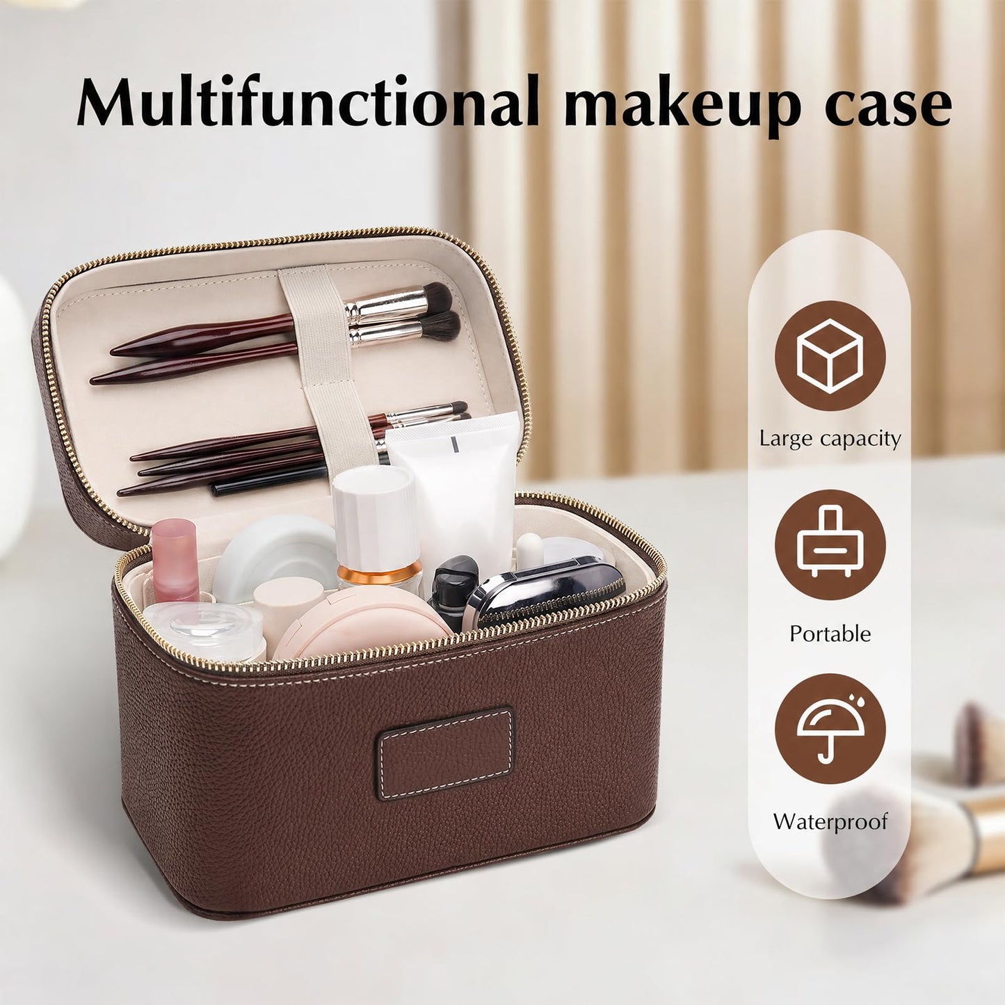 idoltimes Makeup Case for Women, Leather Makeup Bag Cosmetic Case with Removable Divider, Large Capacity Waterproof Portable Travel Toiletry Make up Organizer Case