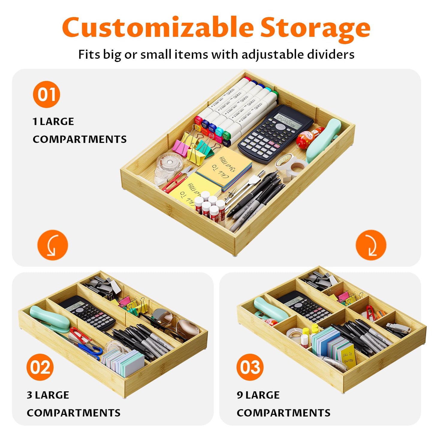 VA1KENE Bamboo Drawer Organizer with 9 Adjustable Compartments, Office Desk Organization Tray for Office Utensils, Supplies, Makeup, Jewelry, and More – Ideal for Desk or Drawer Storage