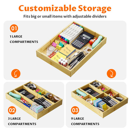 VA1KENE Bamboo Drawer Organizer with 9 Adjustable Compartments, Office Desk Organization Tray for Office Utensils, Supplies, Makeup, Jewelry, and More – Ideal for Desk or Drawer Storage