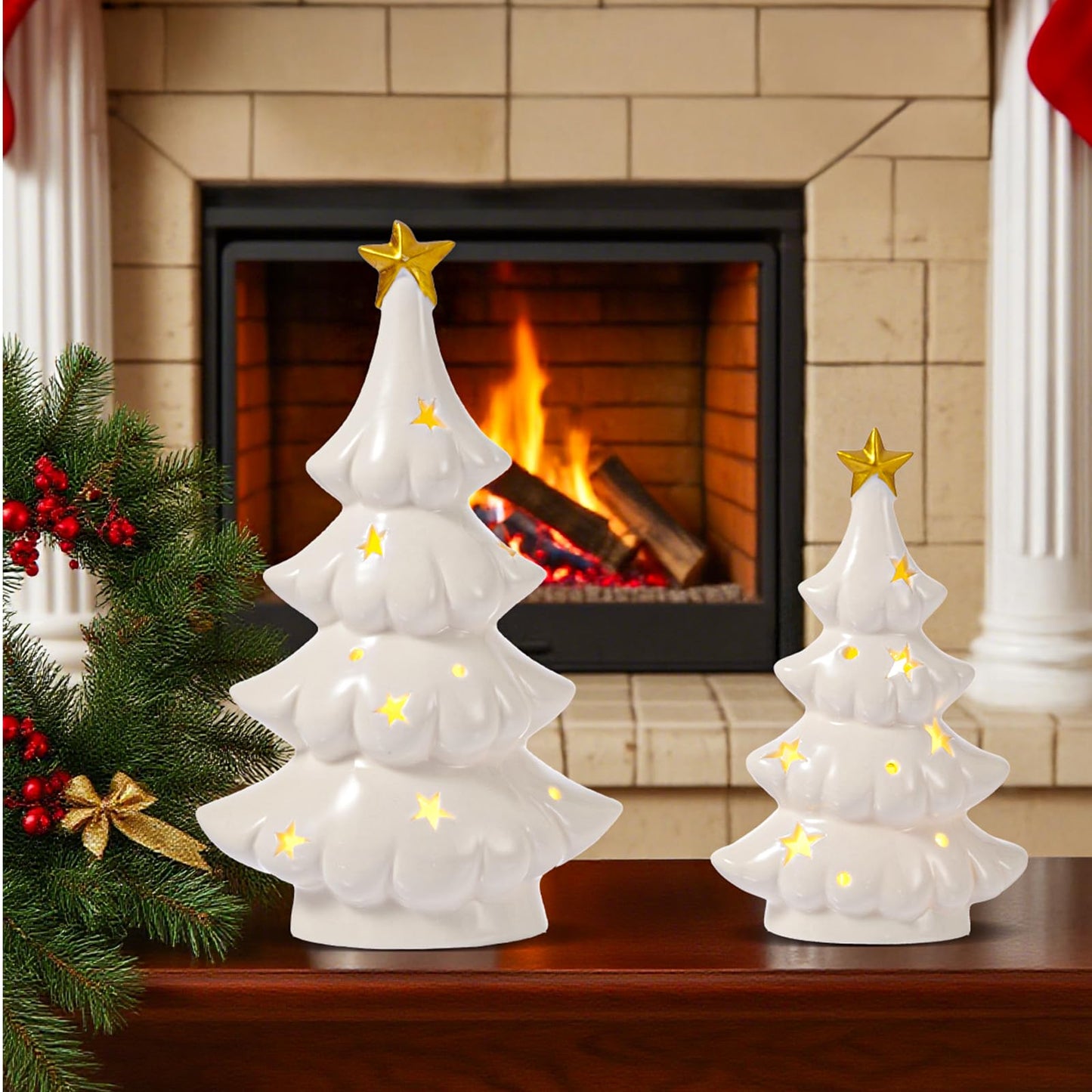 WDS WONDROUS Ceramic Christmas Tree White with Lighted Decor, 2 Pcs Christmas Trees Figurines with Lights, Small Xmas Tree with Star for Tabletop Mantel Shelf Fireplace