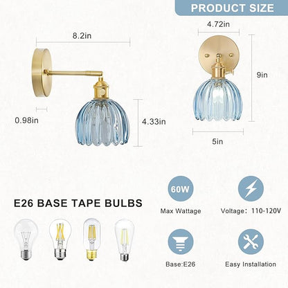 Hardwired Wall Sconce Light, Vintage Wall Sconce with Switch, Gold Wall Light Fixture with Tulip Denim Blue Glass Lampshade, Indoor Wall Light for Bedroom Bathroom, Bedside Wall Lamp