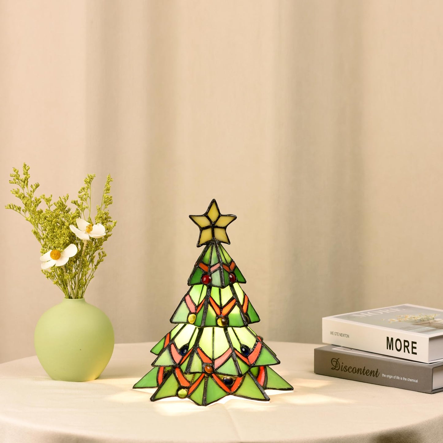 HomeBeauty A0001 Tiffany Style Stained Glass Accent Table lamp for Home Decor,Christmas Table Decorations Lighted Xmas Tree for Living Room Tabletop Party, W 7.5" x H 8.5", Bulb Included