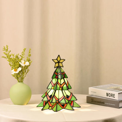 HomeBeauty A0001 Tiffany Style Stained Glass Accent Table lamp for Home Decor,Christmas Table Decorations Lighted Xmas Tree for Living Room Tabletop Party, W 7.5" x H 8.5", Bulb Included