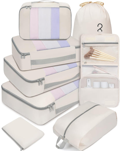 BAGAIL 8 Set Packing Cubes Various Sizes Packing Organizer for Travel Accessories Luggage Carry On Suitcase-Beige