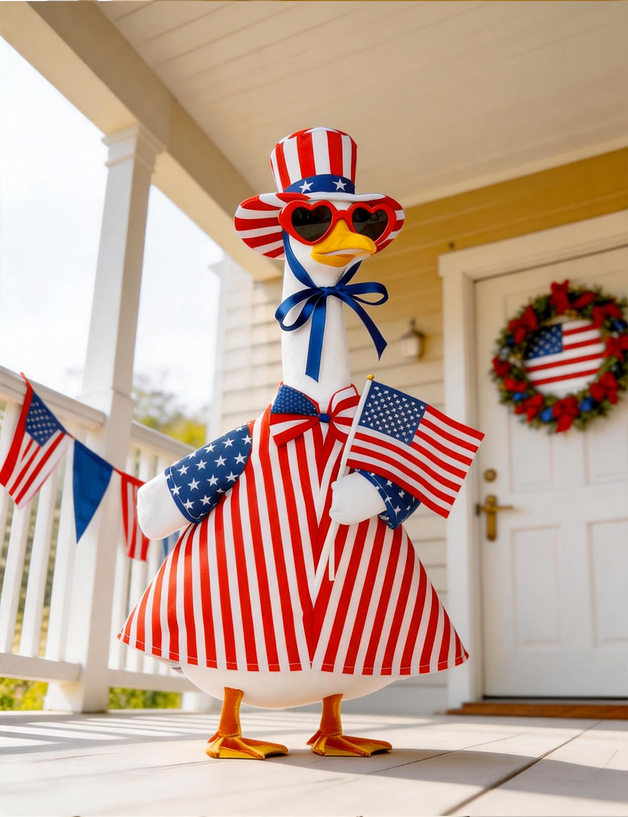 bomis 4th of July Patriotic Porch Goose Outfits for 23 Inch Lawn Statue – Independence Day Goose Costume with Red Heart Sunglasses, Star Stripe Hat, Handheld American Flag, US 250th Anniversary Decor