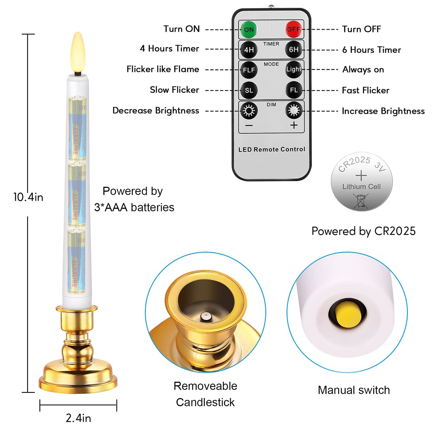 Daord LED Christmas Window Candle with 2 Remotes Battery Operated Flameless Taper Candles Warm Light Flickering and Timer for Wedding Party Holiday Home Table Decoration (9 Packs,White+Gold Holder)…