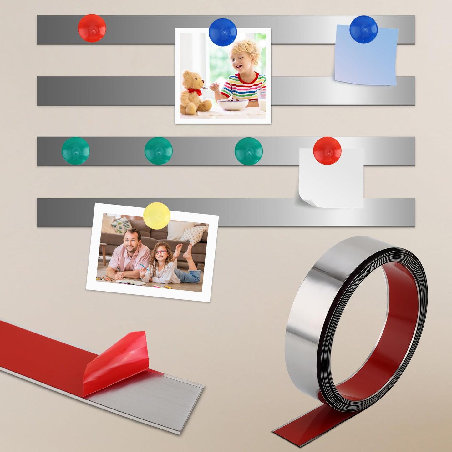 Soengsau 118" x 1.57" Flexible Self Adhesive Metal Strip for Magnets, Peel and Stick Ferrous Memo Tape for Bulletin Boards, Workshop, Office and School Use
