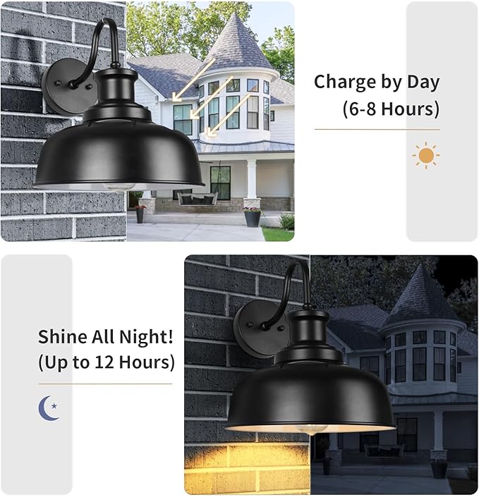 Solar Barn Light for Outside, Dusk to Dawn Gooseneck Outdoor Wall Lights Solar Powered, Farmhouse Exterior Wall Sconce, Industrial Outside Lighting Fixture, Rustic Lantern for Garage, Barn, Shed