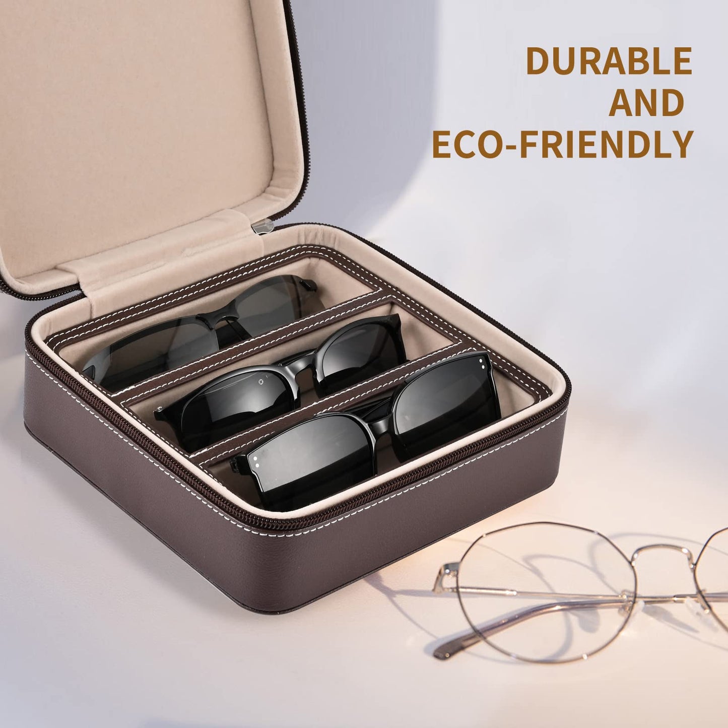 ROSELLE Eyewear Travel Case for women men, Luxury leather 3-Slot Eyeglasses Storage Box for Multiple Glasses and Sunglasses (Coffee)