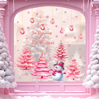 Pink Christmas Window Clings Double-Sided Christmas Tree Windows Decoration Stickers Indoor Xmas Pine Tree Window Decals for Glass Snowman Snowflakes Decals for Winter Holiday Party Supply