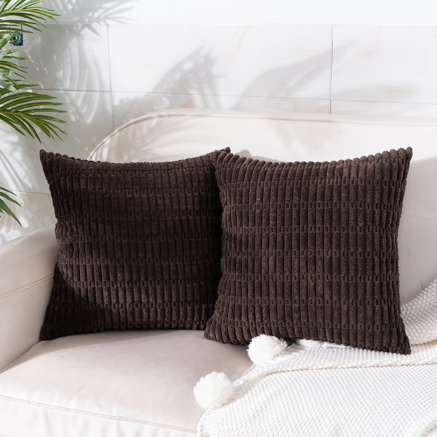 Smile of hope Pack of 2 Corduroy Decorative Throw Pillow Covers 18x18 Inch Soft Boho Striped Pillow Covers Modern Farmhouse Home Decor for Sofa Living Room Couch Bed Dark Brown