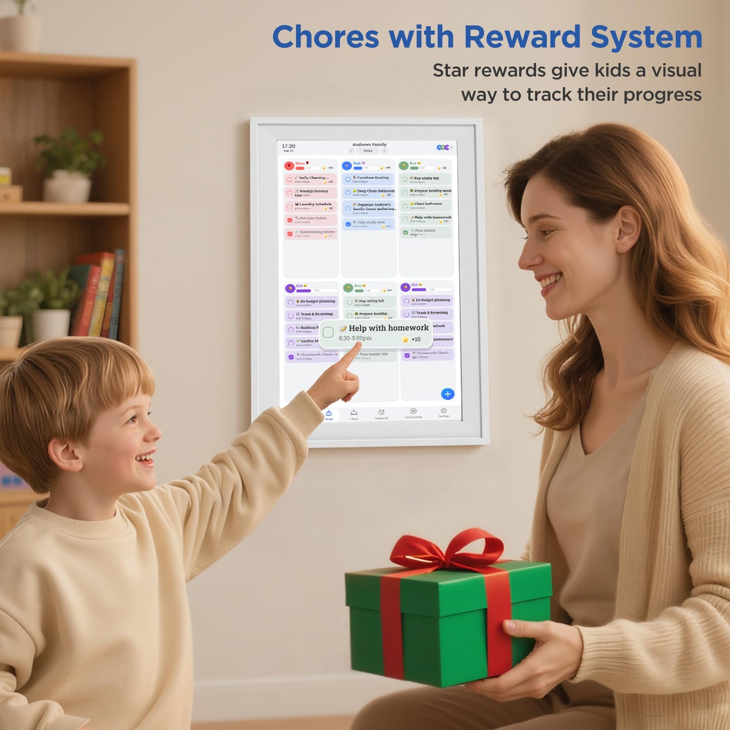 MVOWN 15.6 Inch Digital Calendar Chore Chart 1920 * 1080P Full HD Touchscreen Interactive Display Smart Electronic Calendar for Family Organizer Schedules Desk & Wall Mount Digital Planner White