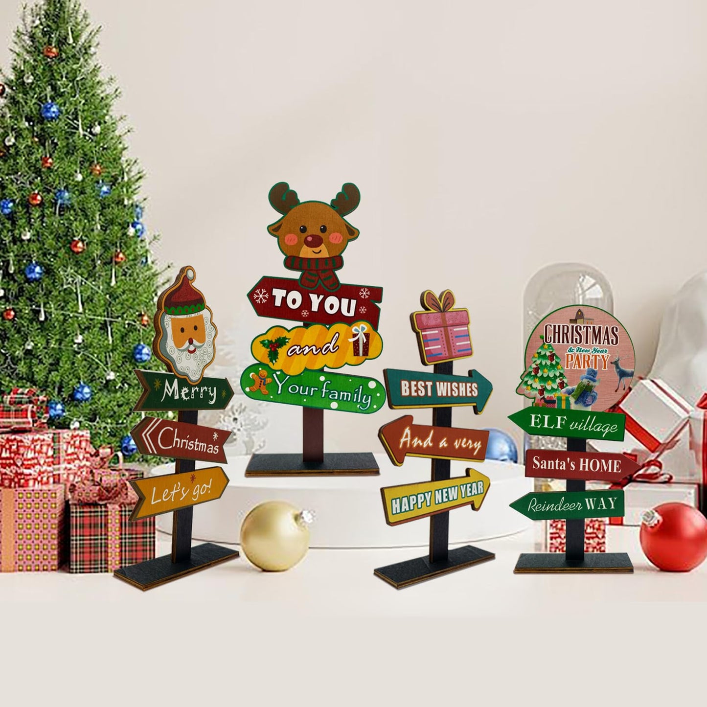YvSuZeBuDa Christmas Table Decorations, 4 Piece Wooden Rectangular Sign Boards, Rustic Farmhouse Style, Polychrome, 8.86 x 4.72 Inches, Wall Mount with Twine, Cozy Theme