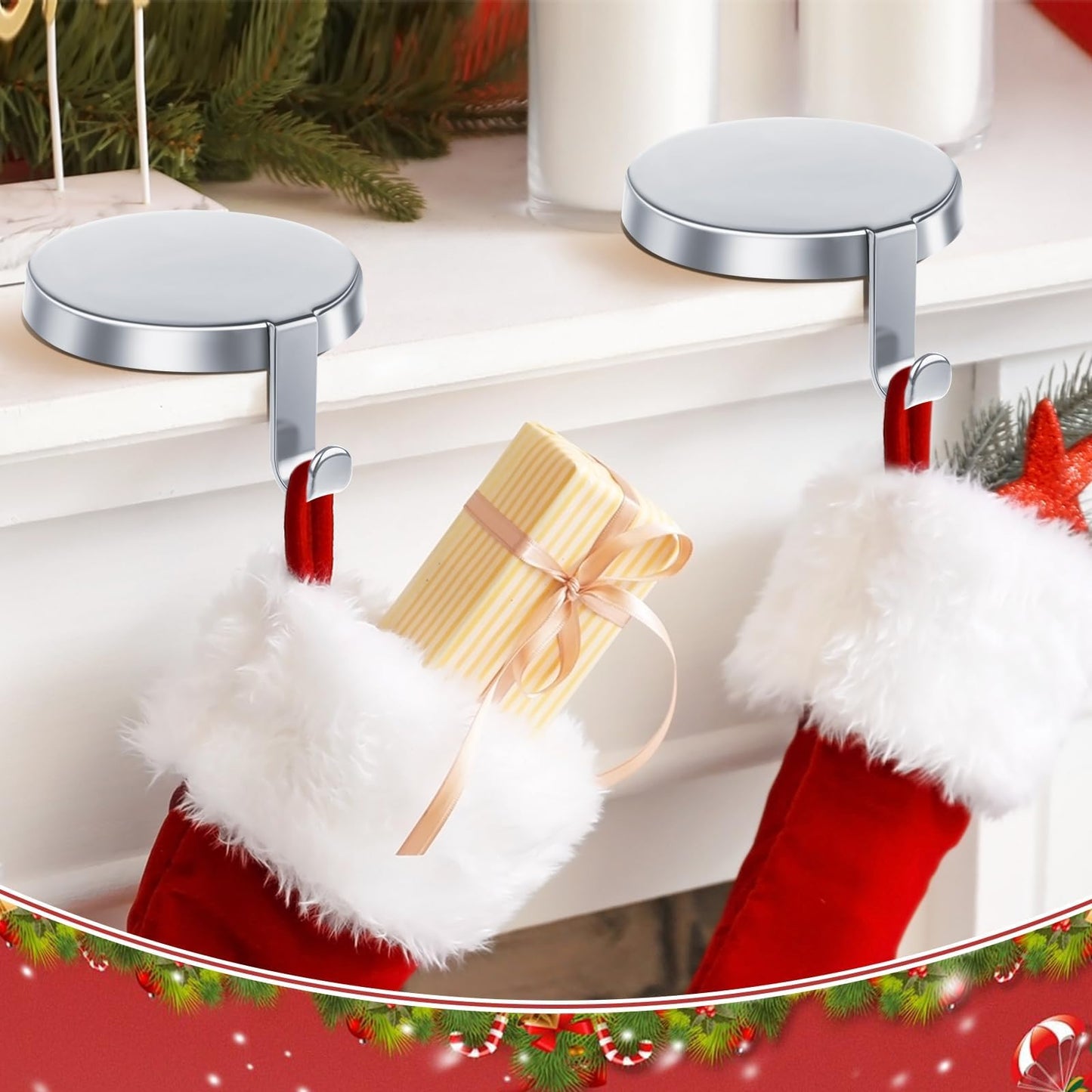 WYTAOHZL 6 Pack Christmas Stocking Holder Round Mantle Stocking Holders with Non-Slip Bases Metal Hanging Hooks for Christmas Fireplace Stand DIY Decoration,Silver