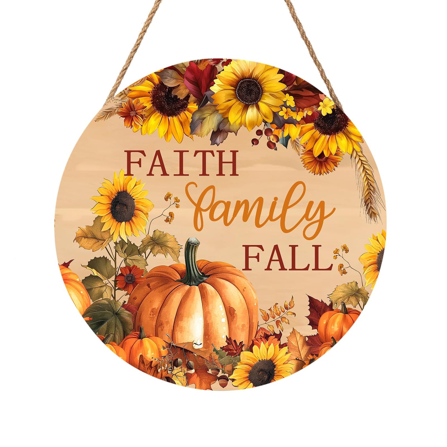 Faith Family Fall Front Door Sign Fall Sunflower Pumpkin Door Decorations Wood Sign Autumn Harvest Wreath Door Hanger Farmhouse Fall Plaques Wall Hanging Decoration for Home Proch Yard 12"x12"