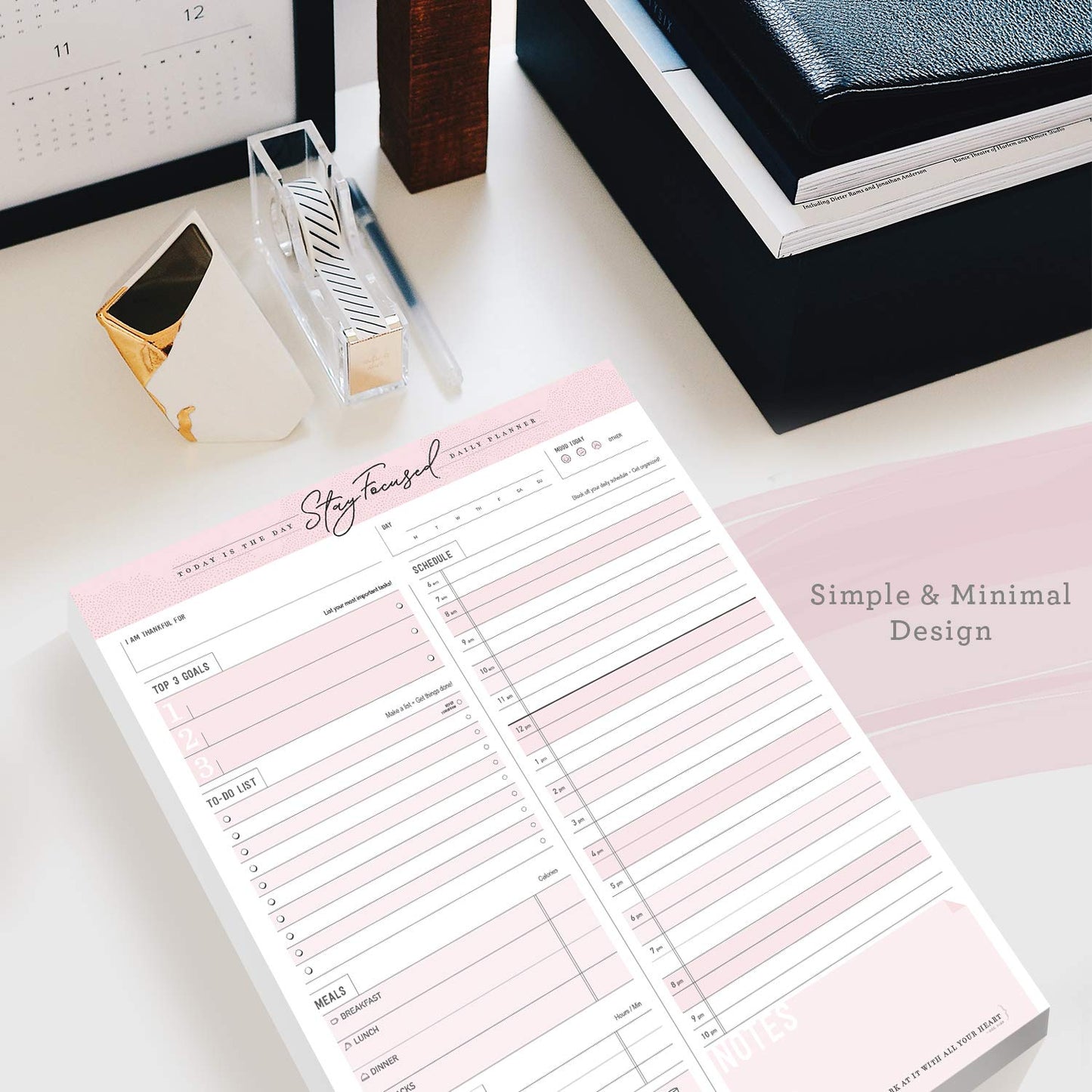 Daily Notepad Planner To Do Schedule - Stay Focused 50 Tear off Premium Made USA (Rose Pink)