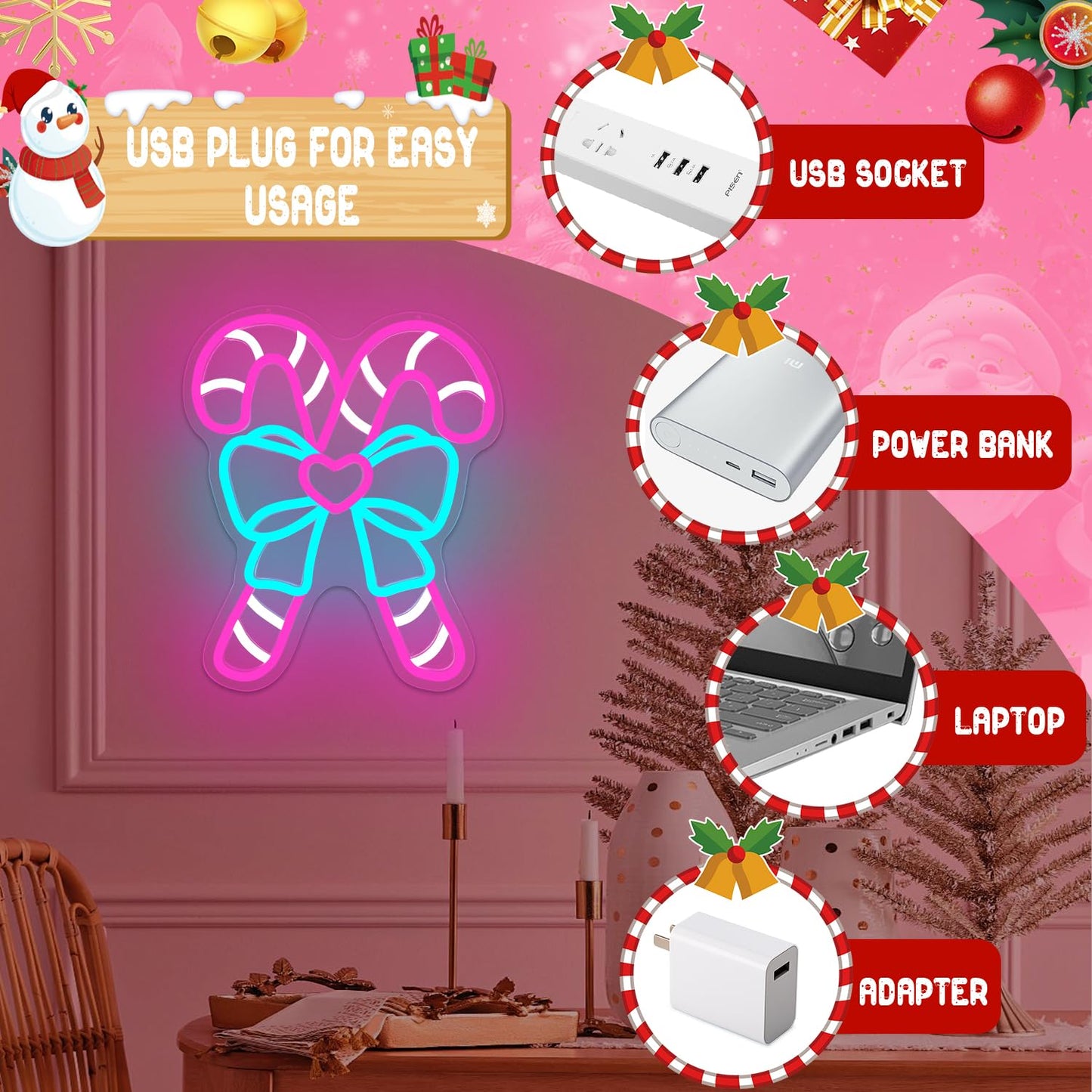 Pink Candy Canes Neon Sign Candy Christmas Neon Sign for Wall Decor Pink Christmas Decor Led Sign with Bow Xmas Neon Light Up Signs for Window Bedroom Holiday Xmas Party Home Decoration Gift Winter