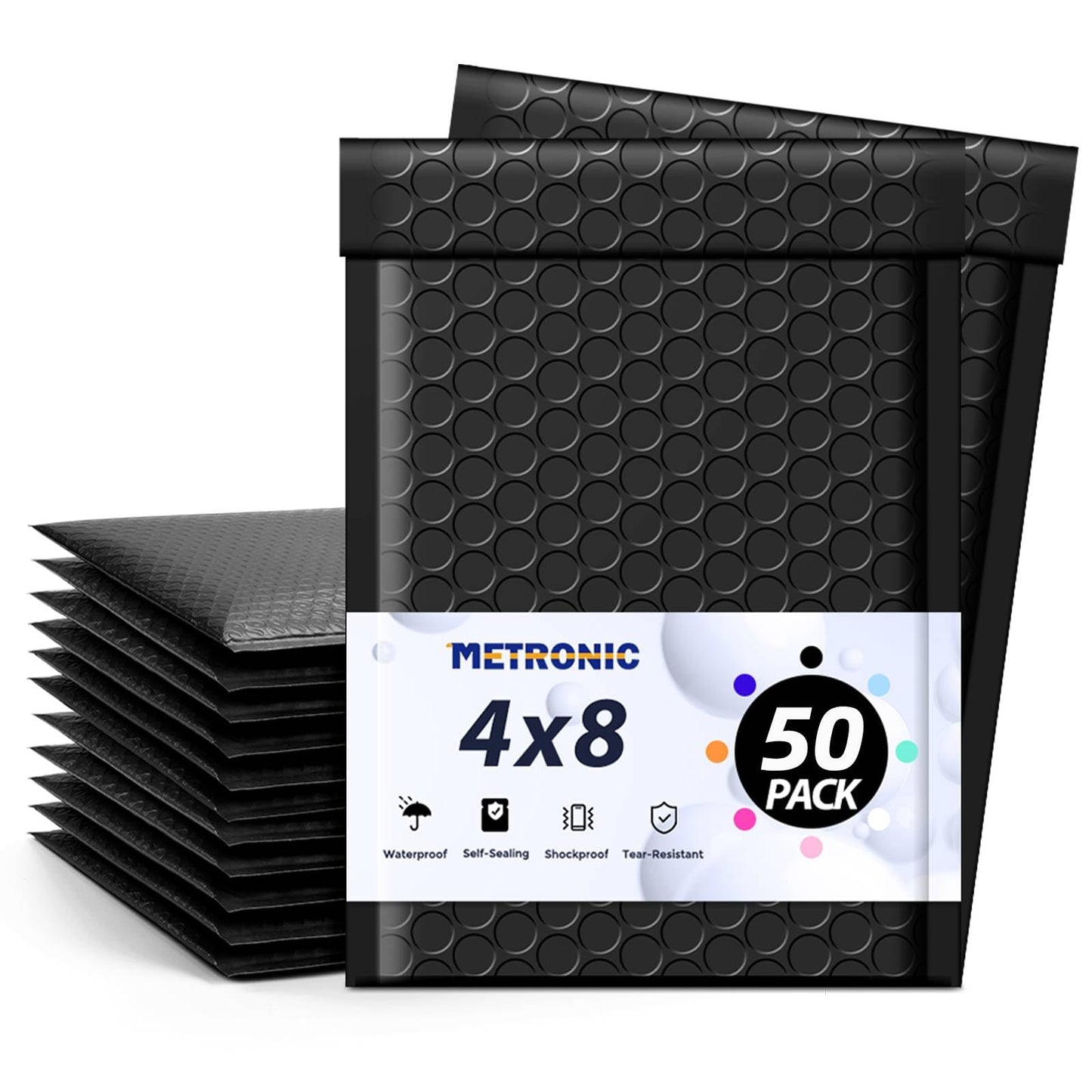 Metronic 4x8 Inch Bubble Mailer 50 Pack,Black Bubble Mailers, Waterproof Self Seal Adhesive Shipping Bags,Padded Envelopes for Shipping, Mailing, Packaging, Bulk #000, Bubble Mailers Usable Size 4x7