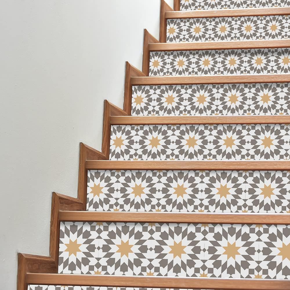 funlife Stair Riser Decals Peel and Stick, 14 PCS Self Adhesive Boho Vinyl Stair Stickers, 39.37"X7.09", Yellow Brown Moroccan